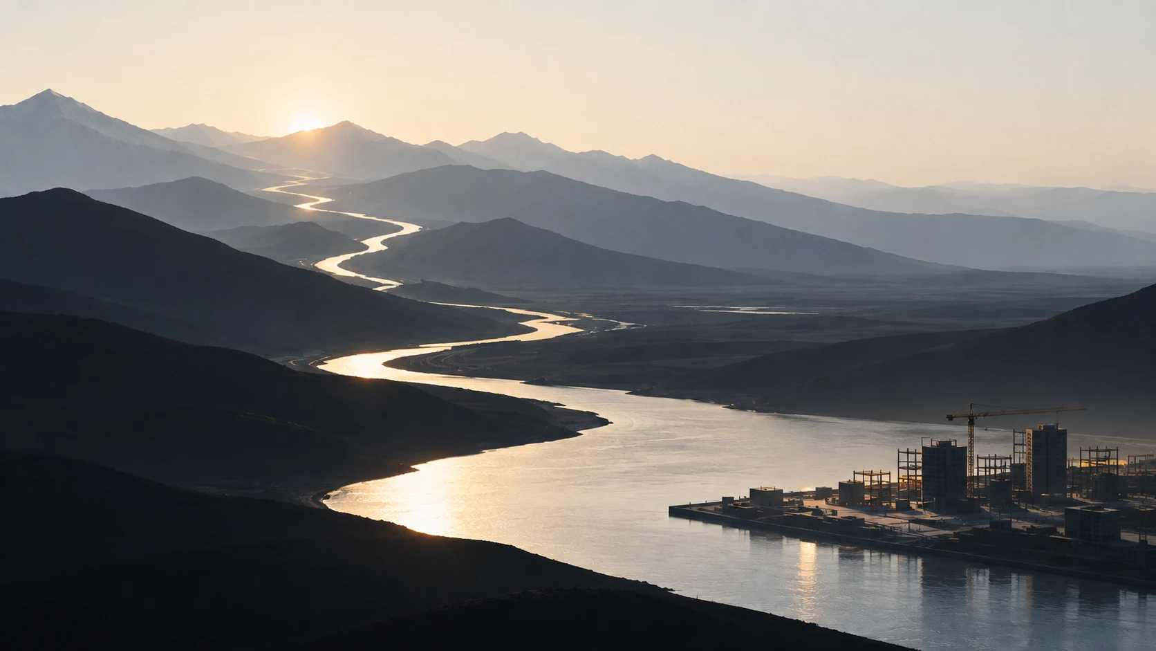 A river winding through a mountain valley at sunrise, toward a growing city